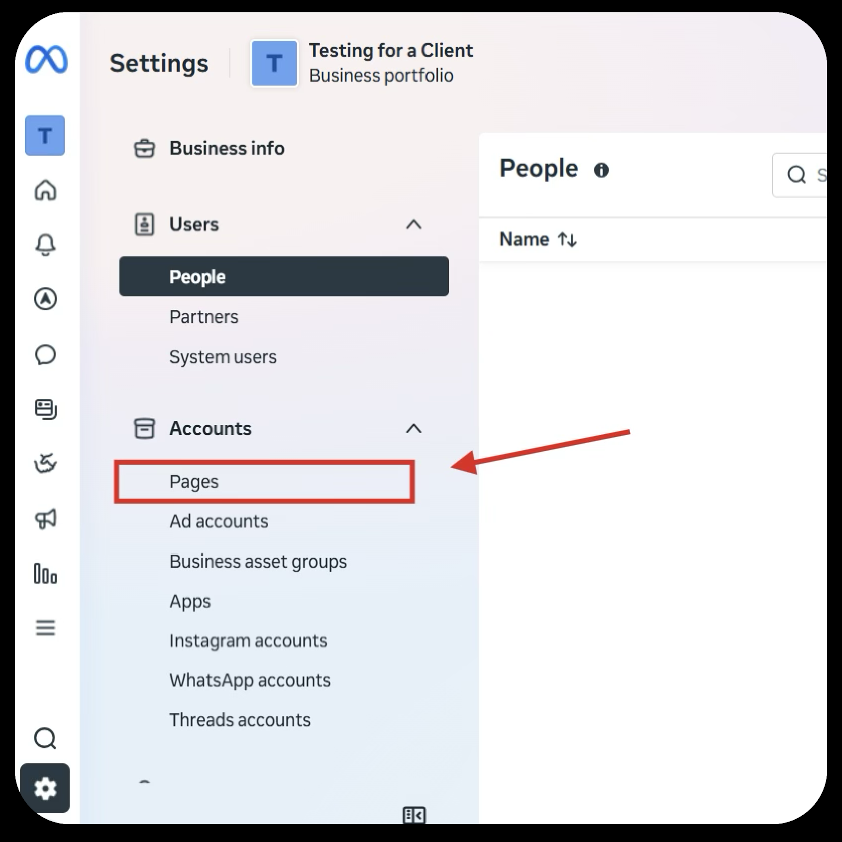Pages tab under the Accounts section in Meta Business Suite settings