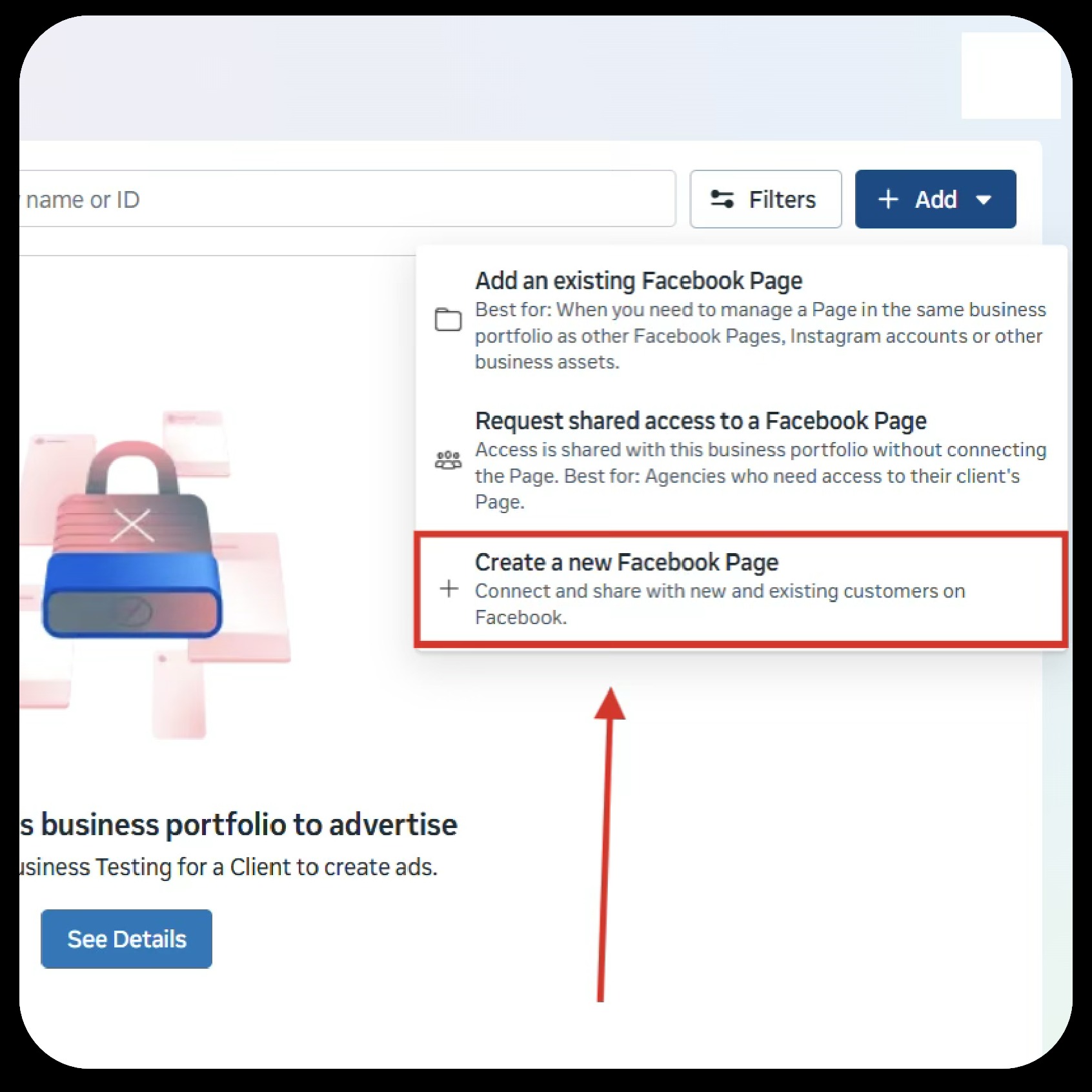 Create a new Facebook Page option in the Add menu