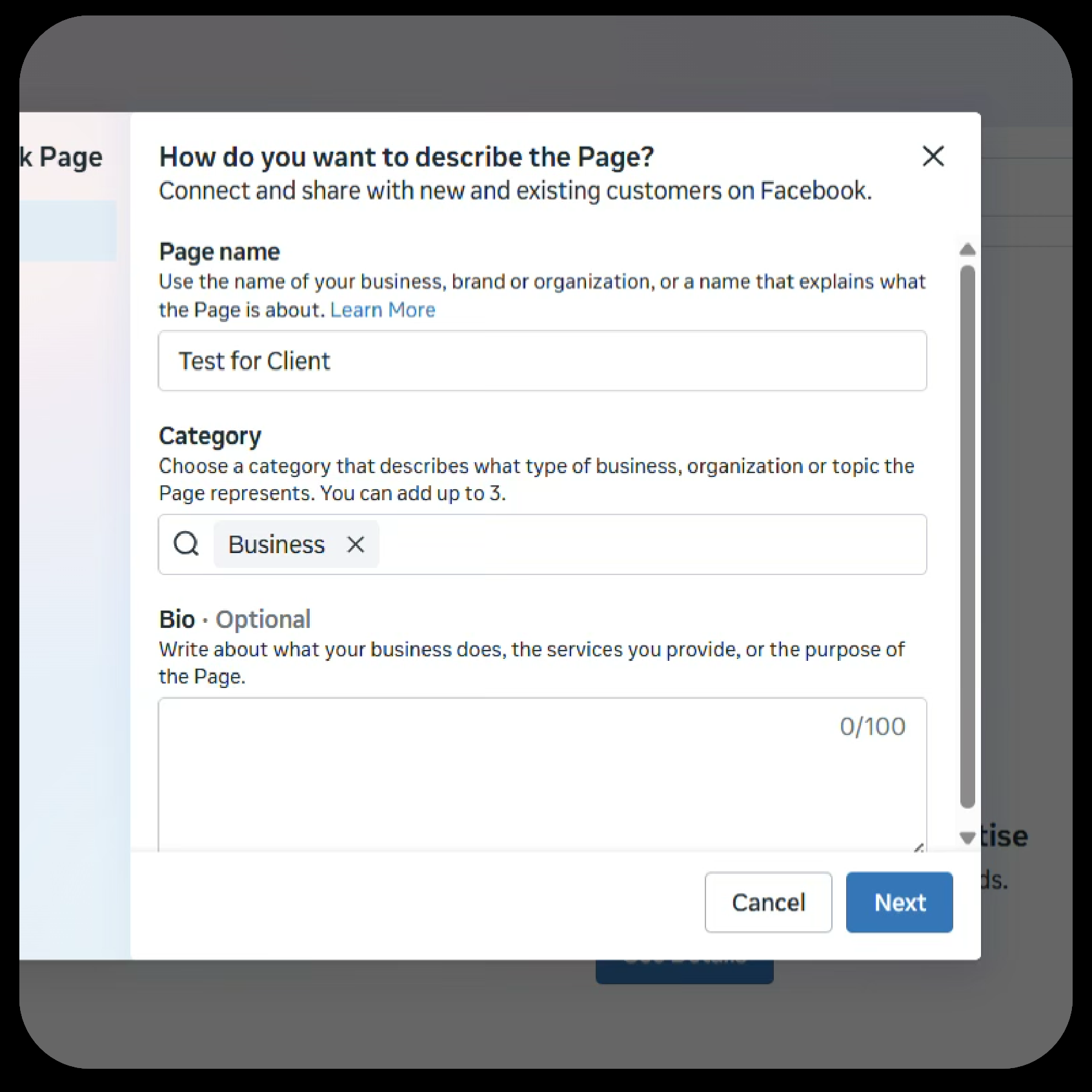 Page name and category form for the new Facebook Page