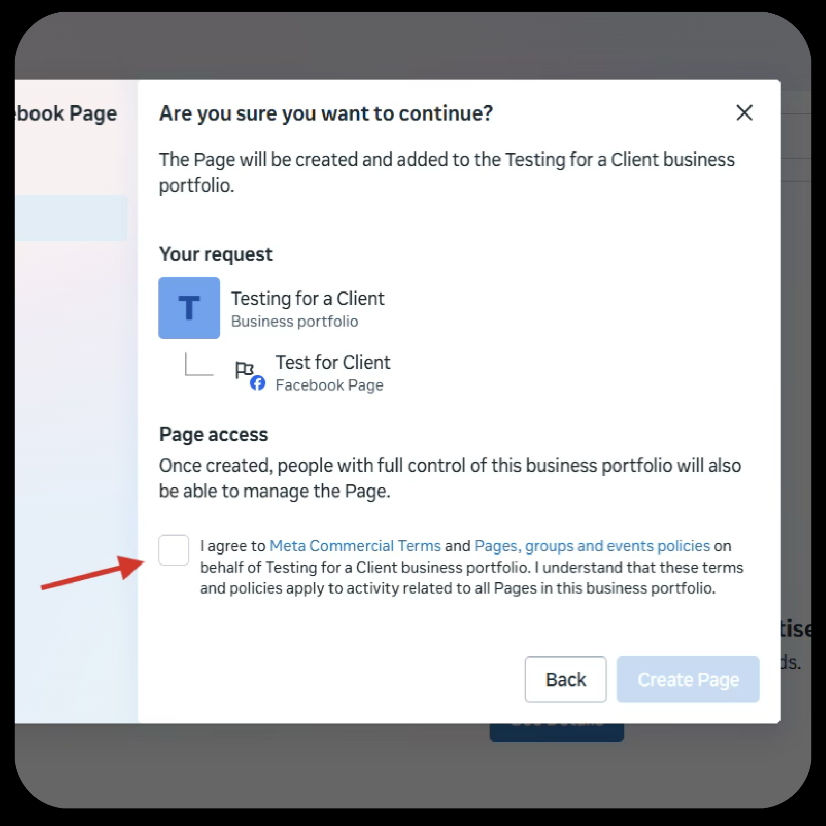 Final confirmation screen with Meta Commercial Terms checkbox