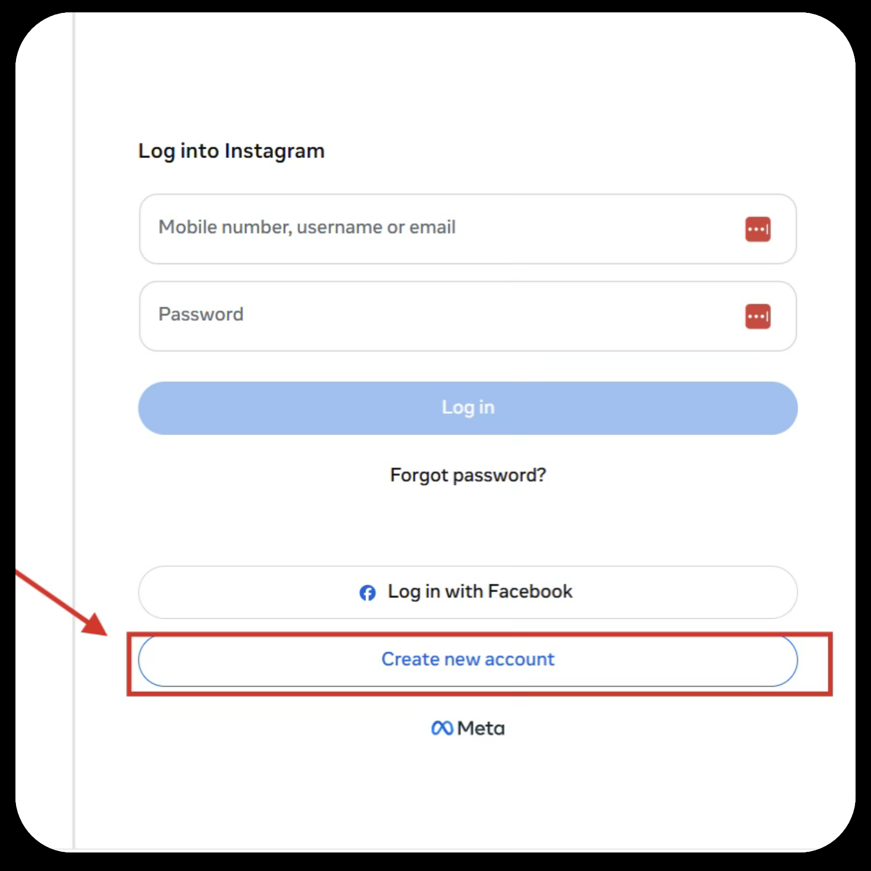 Instagram login screen with the Create new account option highlighted