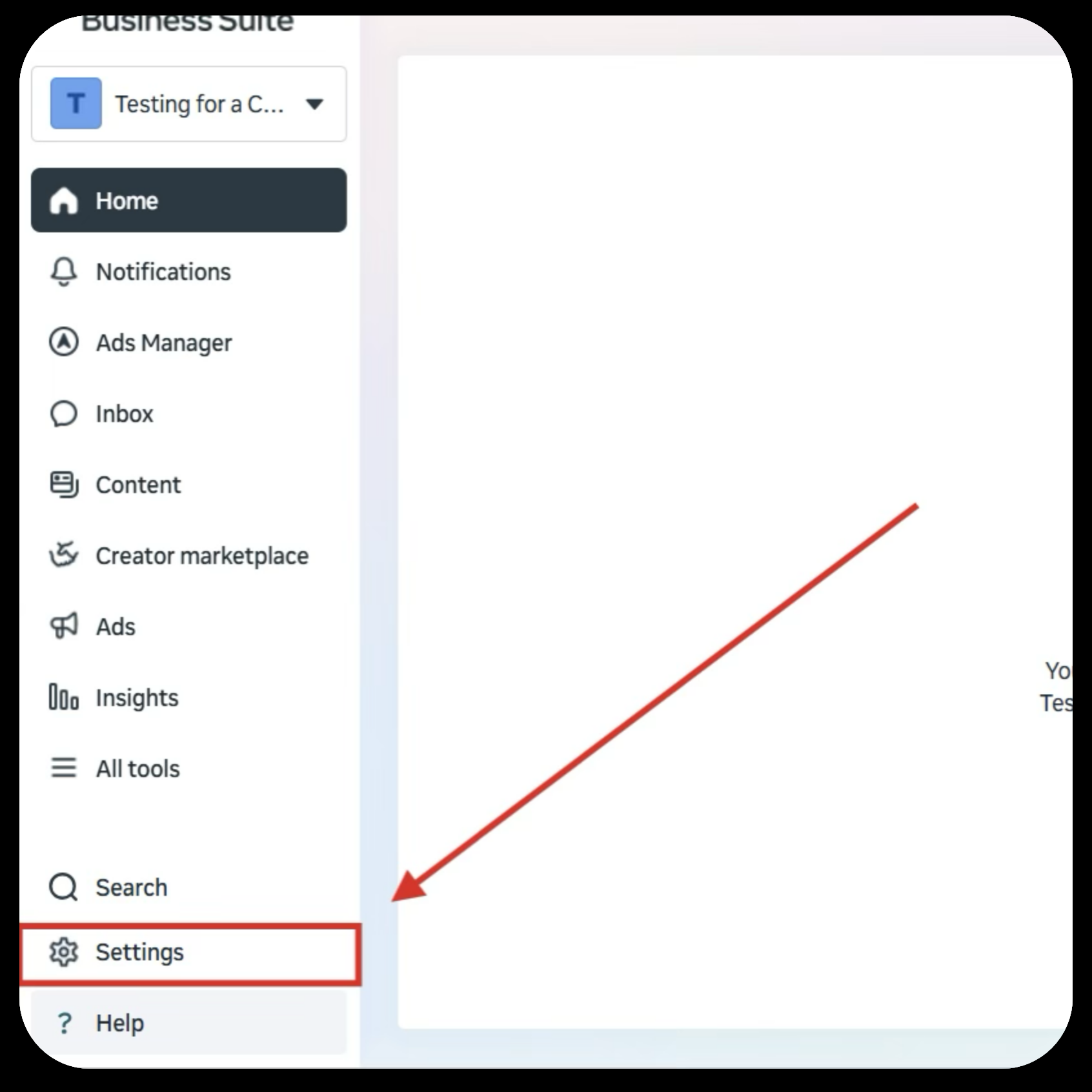Settings tab in the bottom-left navigation of Meta Business Suite