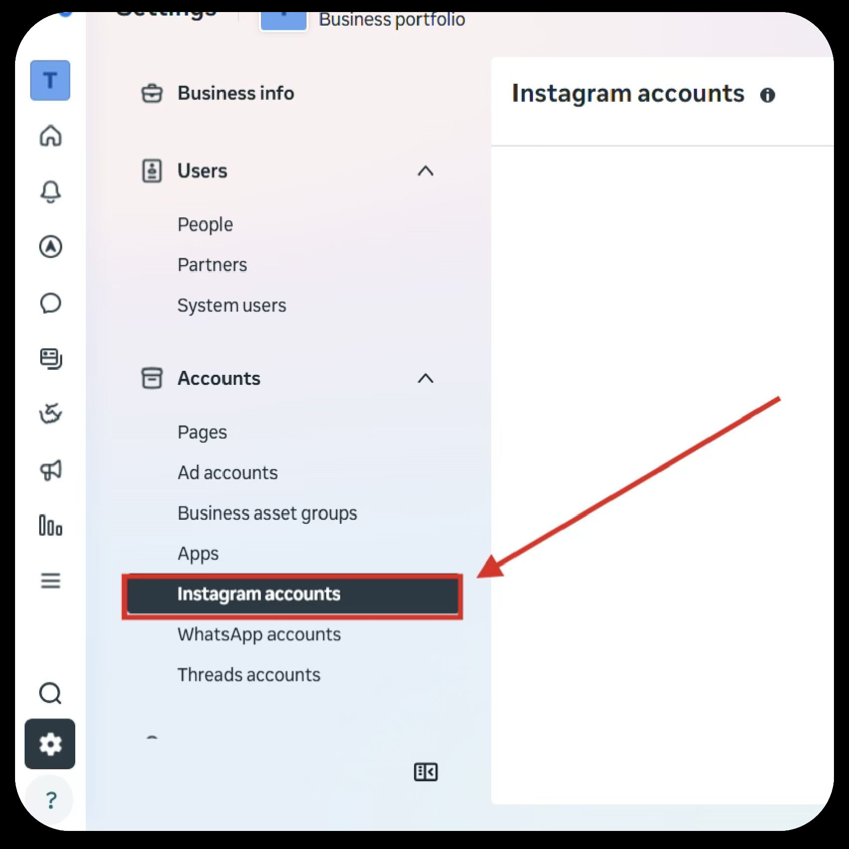 Instagram Accounts tab under the Accounts section in Meta Business Suite settings